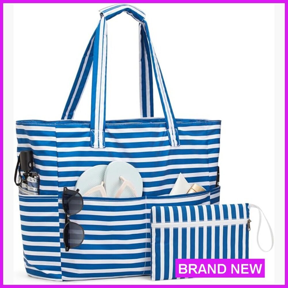 Large Foldable Waterproof Tote Bag with Zipper Compartments Travel Beach Pool